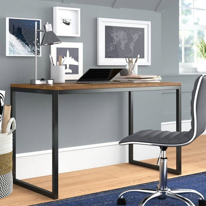 Escritorio moderno para oficina en casa con estructura de metal negro y tablero de madera marrón