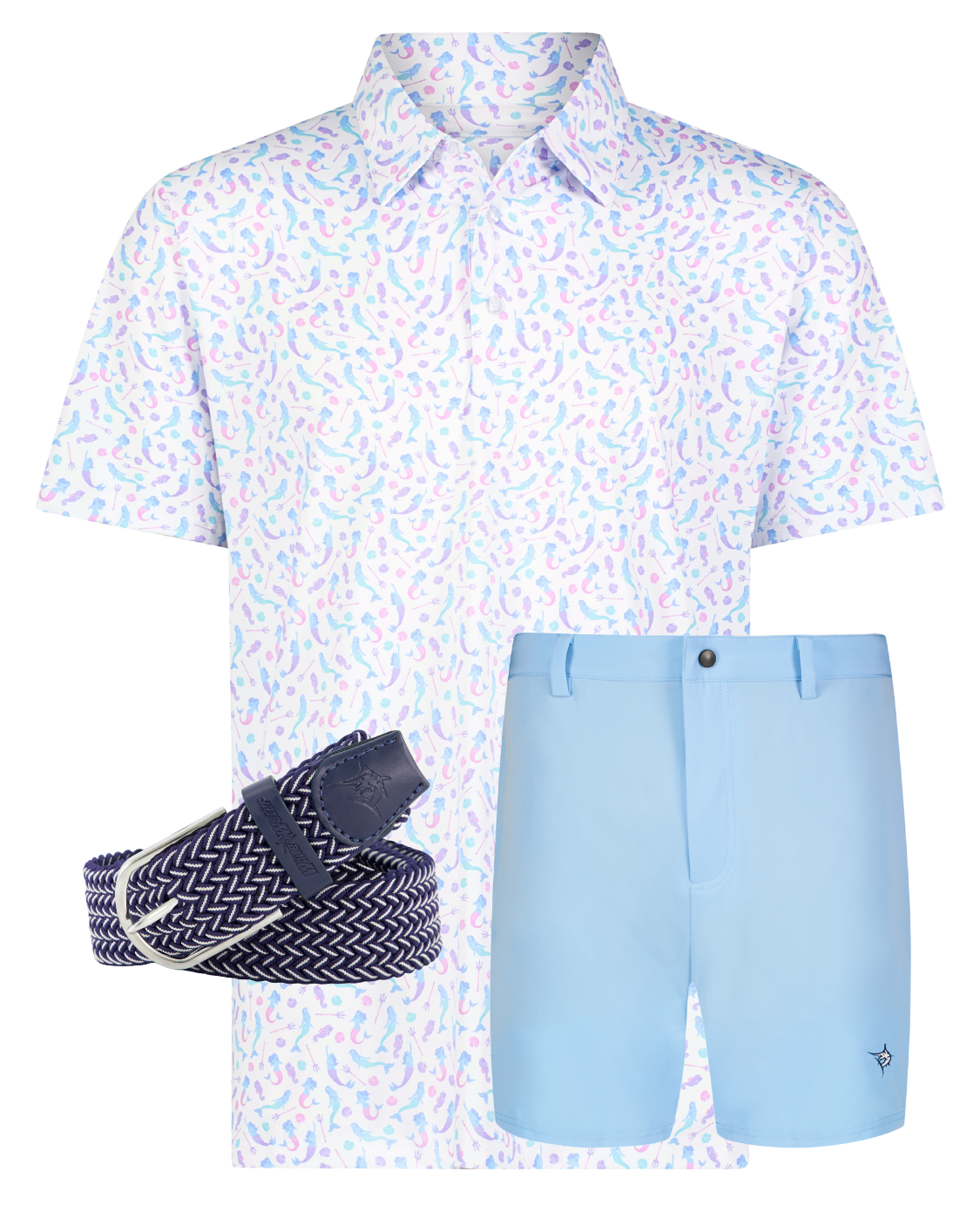 Mermaid polo shirt by White Water Life in pastel print with light blue shorts and navy woven belt on Tampa Home & Garden Store