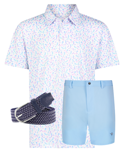 Mermaid polo shirt by White Water Life in pastel print with light blue shorts and navy woven belt on Tampa Home & Garden Store