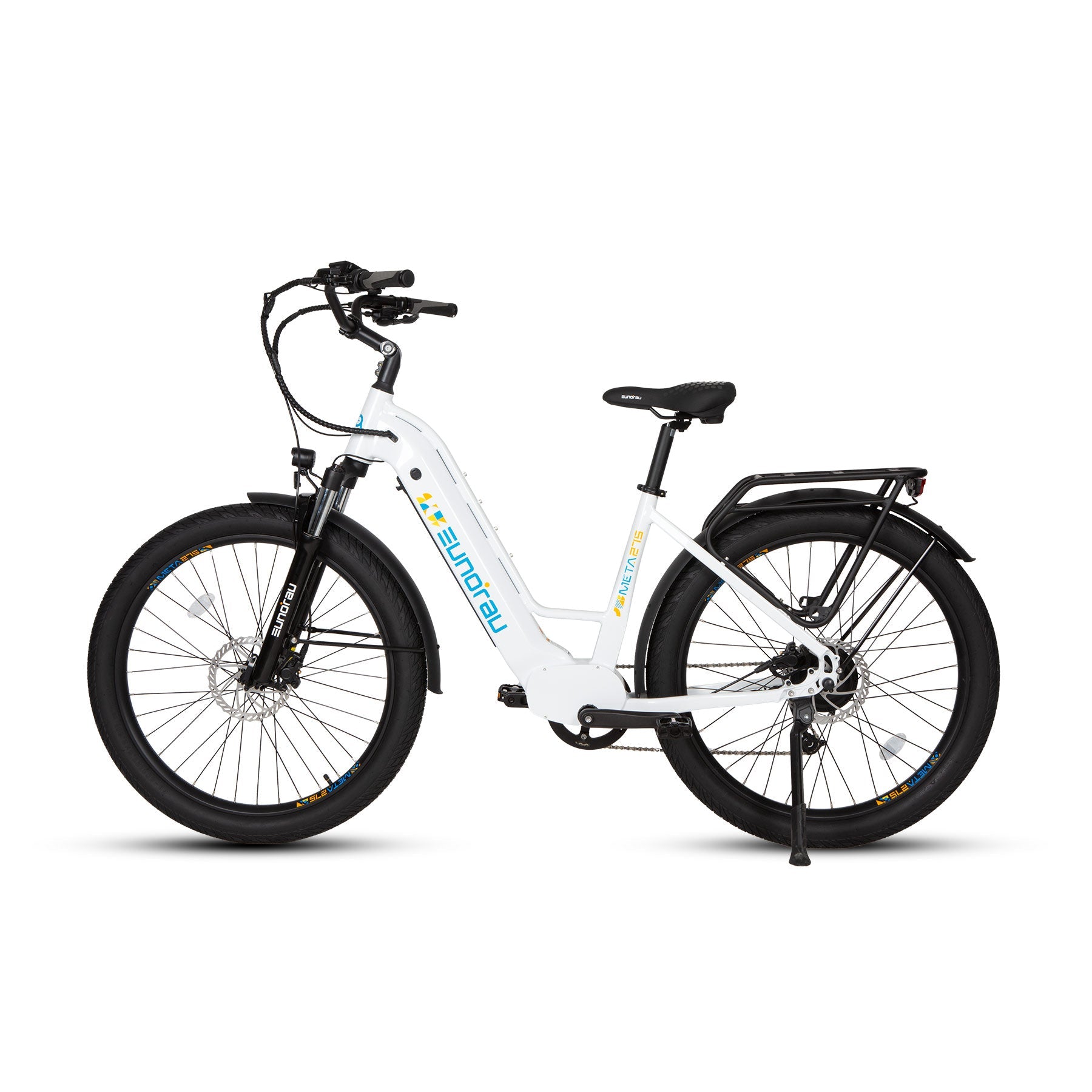 Pair of META275 2.0 electric bicycles by EUNORAU US, white frames with black components on Tampa Home & Garden Store