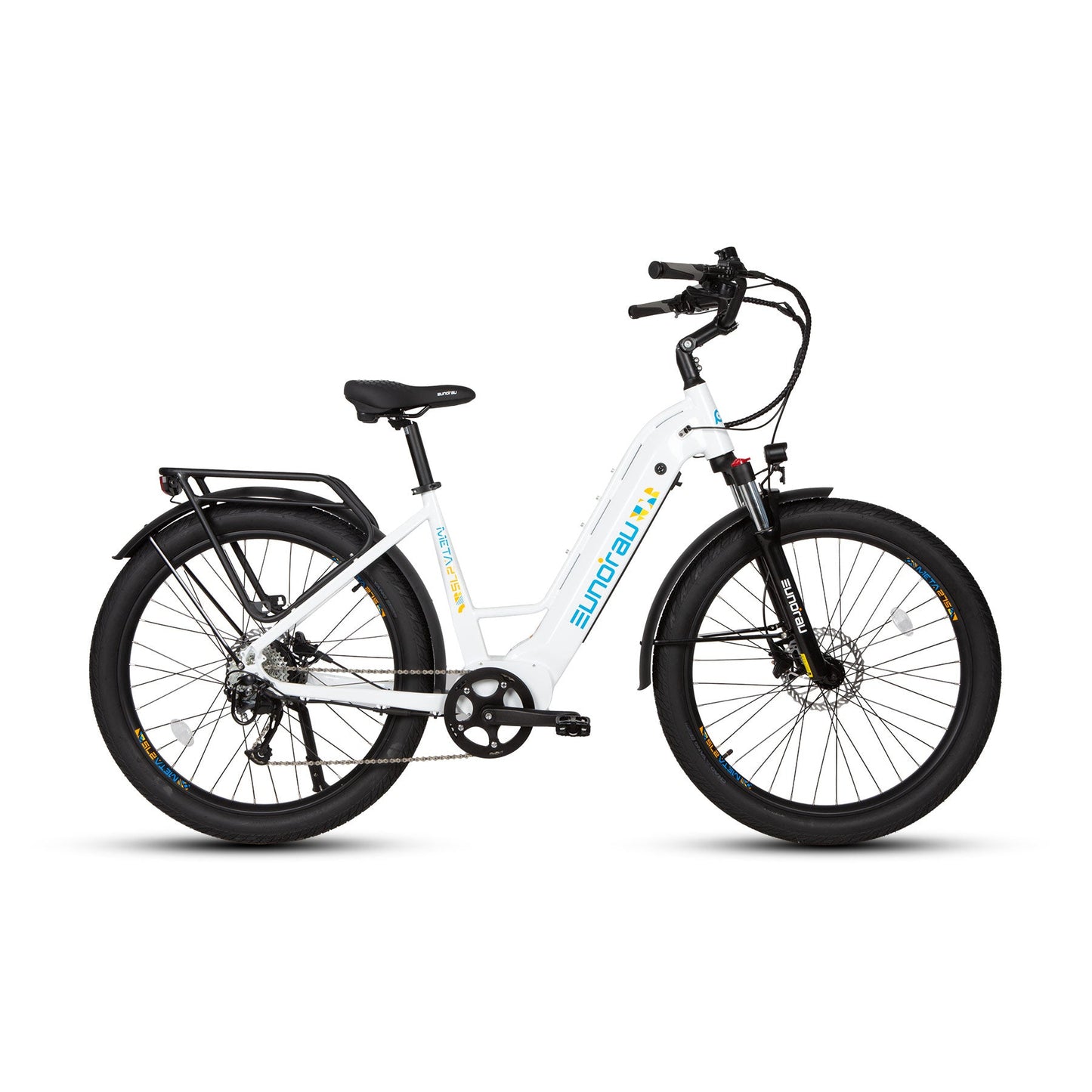 META275 2.0 electric bicycle by EUNORAU with white frame and black accents, suspension on Tampa Home & Garden Store