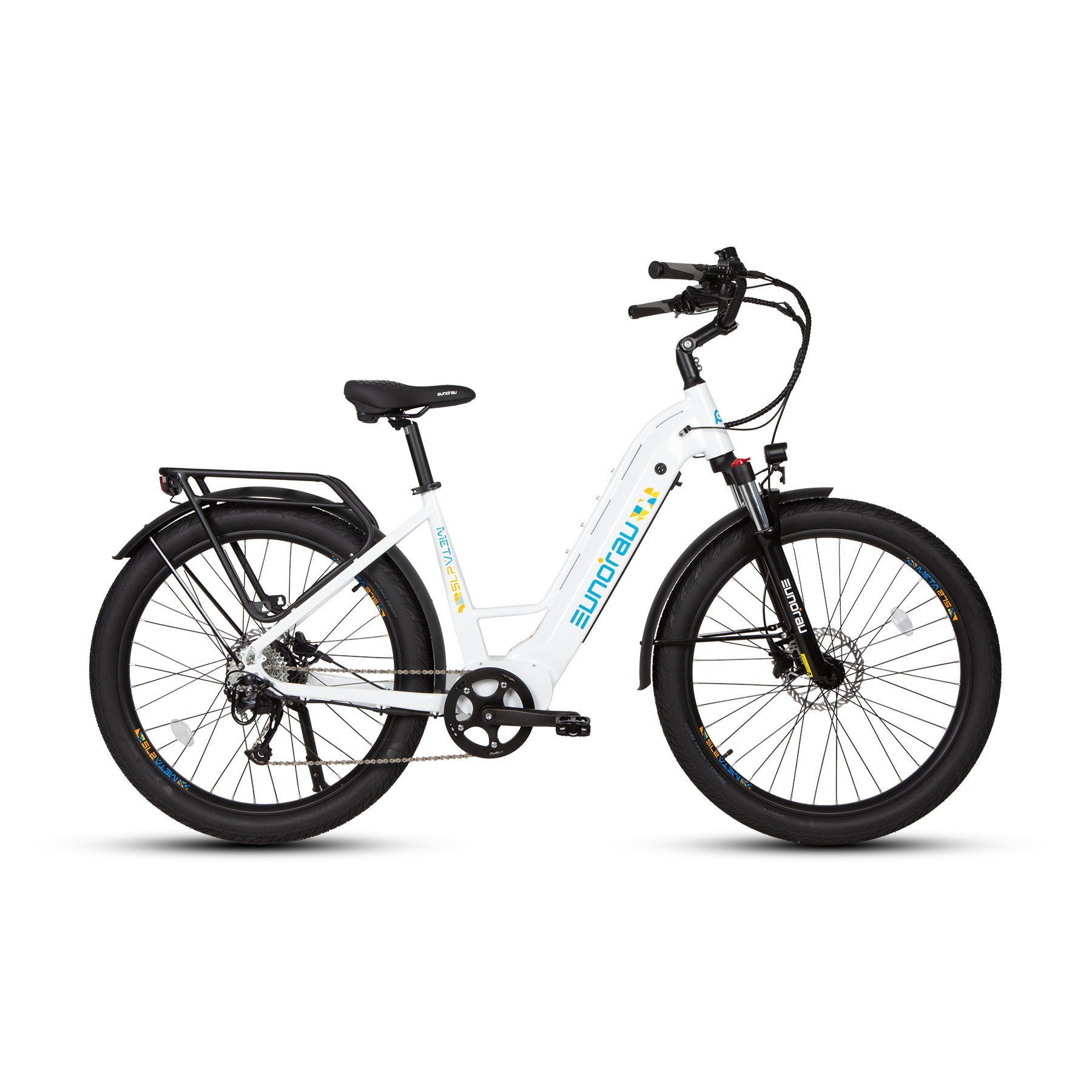 META275 2.0 electric bicycle by EUNORAU with white frame and black accents, suspension on Tampa Home & Garden Store