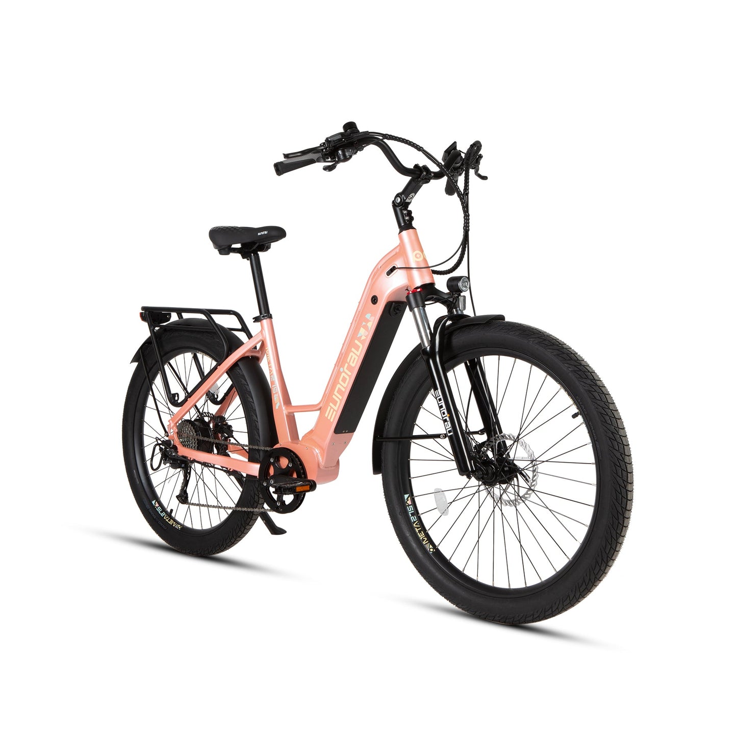 META275 2.0 electric bike peach-pink frame with front suspension and rear rack by Eunorau on Tampa Home & Garden Store