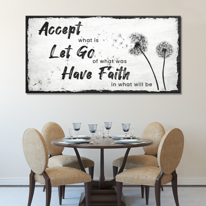 Canvas wall art sign with bold black text reading Accept Let Go Have Faith by Tailored Canvases on Tampa Home & Garden Store