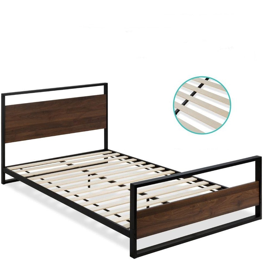 Cama de plataforma de metal y madera de perfil bajo tamaño Queen estilo casa de campo moderna