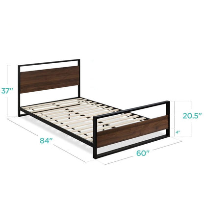Cama de plataforma de metal y madera de perfil bajo tamaño Queen estilo casa de campo moderna