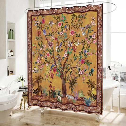 72-inch Brown Red Orange Green Floral Tree Birds Plants Flowers Shower Curtain - Tampa Home & Garden Store