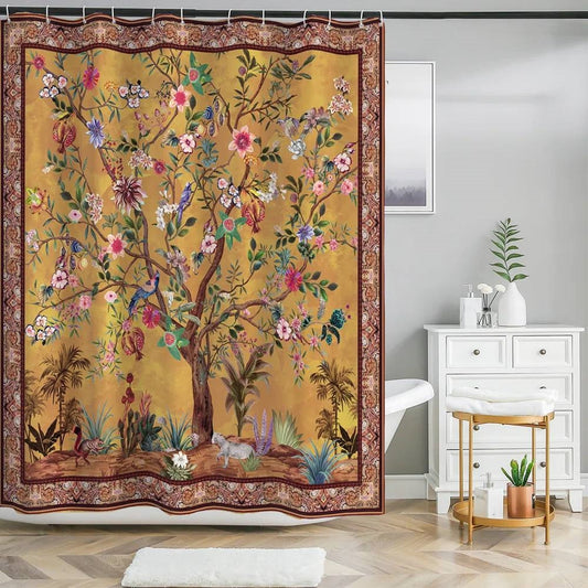 72-inch Brown Red Orange Green Floral Tree Birds Plants Flowers Shower Curtain - Tampa Home & Garden Store