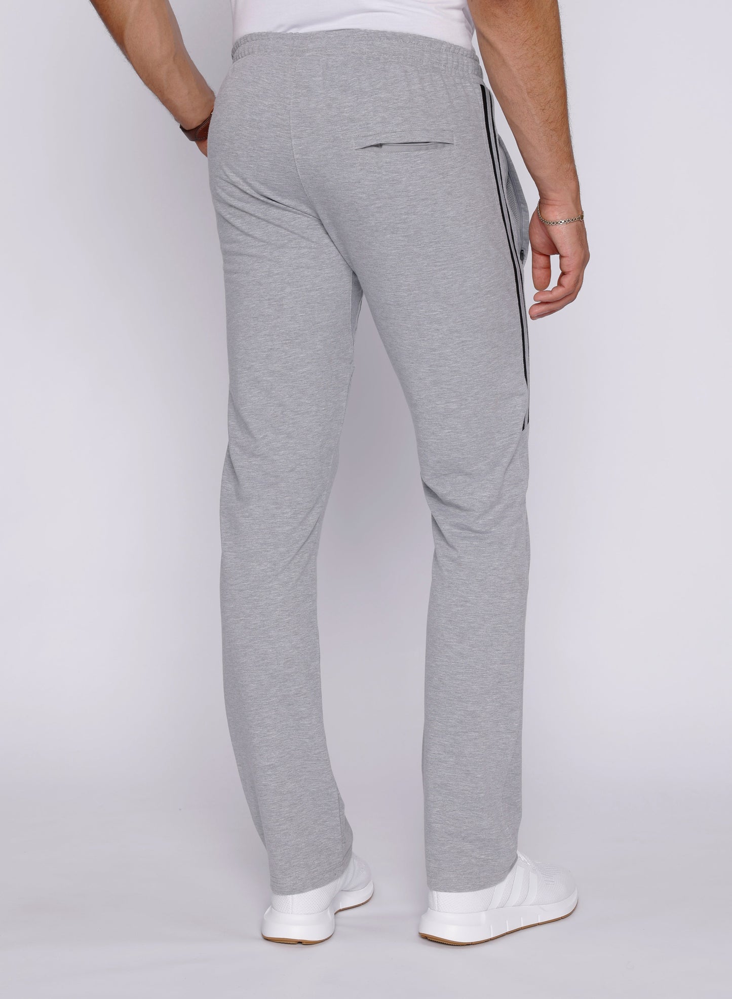 Ultimate Flex Athletic Sweatpants Straight grey joggers with black stripes SCR back zip pocket on Tampa Home & Garden Store