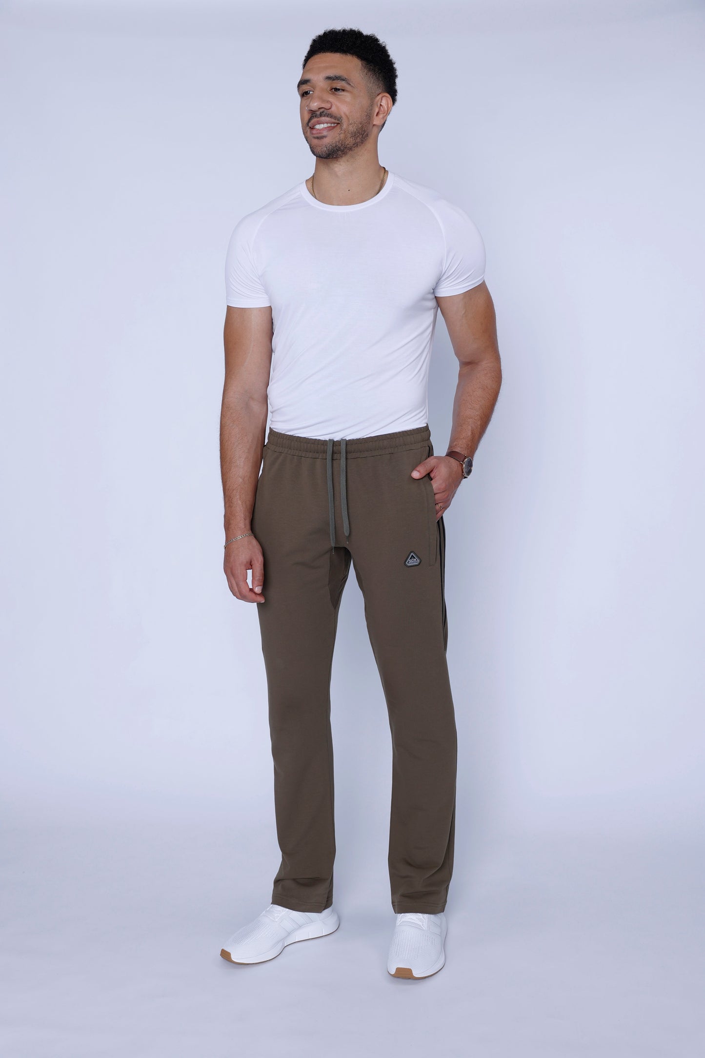Ultimate Flex Athletic Sweatpants - Straight olive joggers with SCR logo patch on Tampa Home & Garden Store