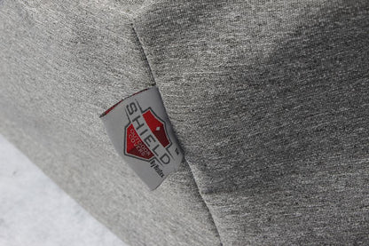 Umbrella Cover Shield Outdoor Covers, market style, platinum gray fabric with brand tag on Tampa Home & Garden Store