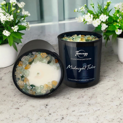 Vela de cristal "Mareas de Medianoche" con fluorita verde, citrino y aventurina verde | Vela de cera de coco y soja, 255 ml