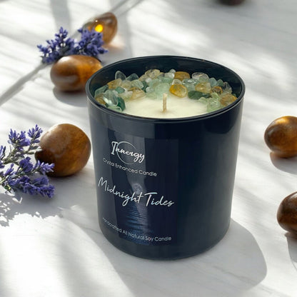 Vela de cristal "Mareas de Medianoche" con fluorita verde, citrino y aventurina verde | Vela de cera de coco y soja, 255 ml