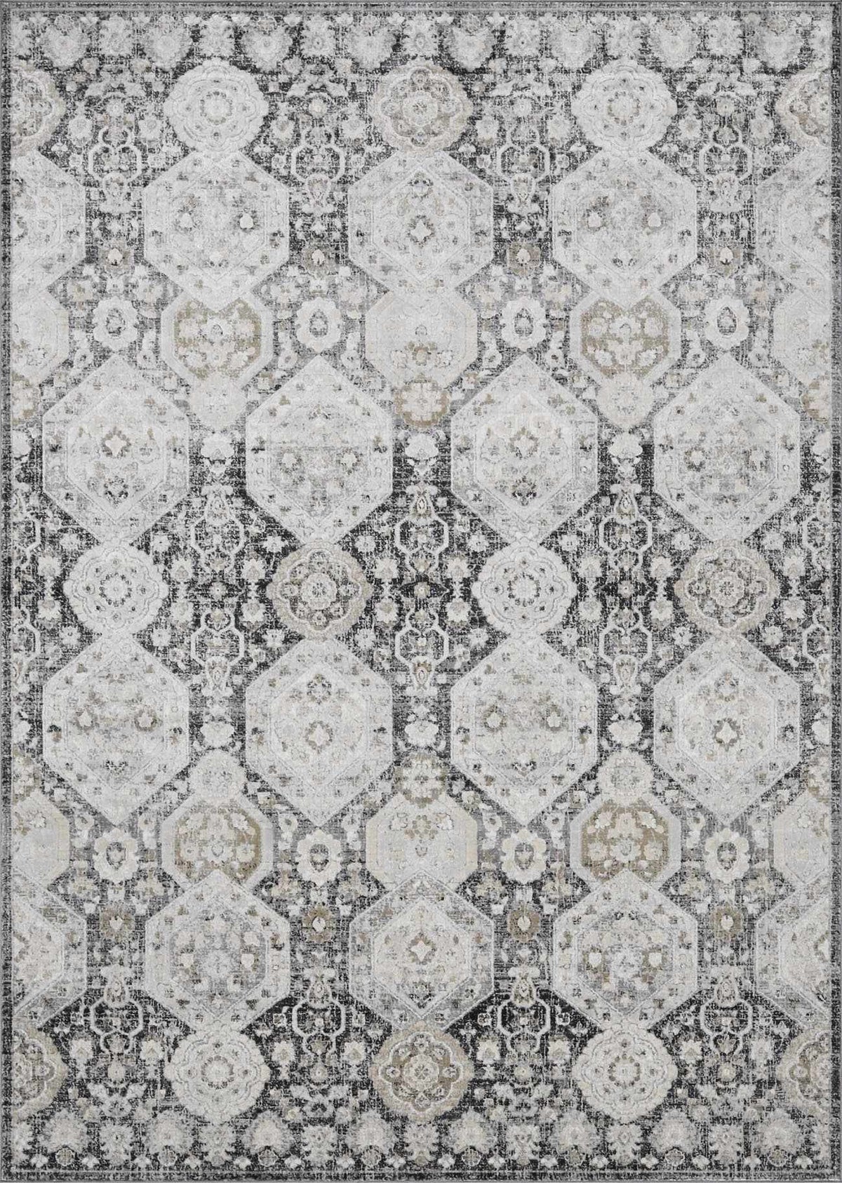 Minoa area rug by Boutique Rugs, gray ivory distressed geometric lattice with medallions on Tampa Home & Garden Store