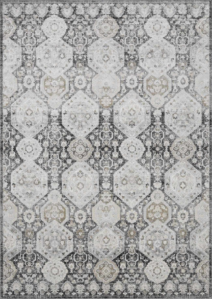 Minoa area rug by Boutique Rugs, gray ivory distressed geometric lattice with medallions on Tampa Home & Garden Store