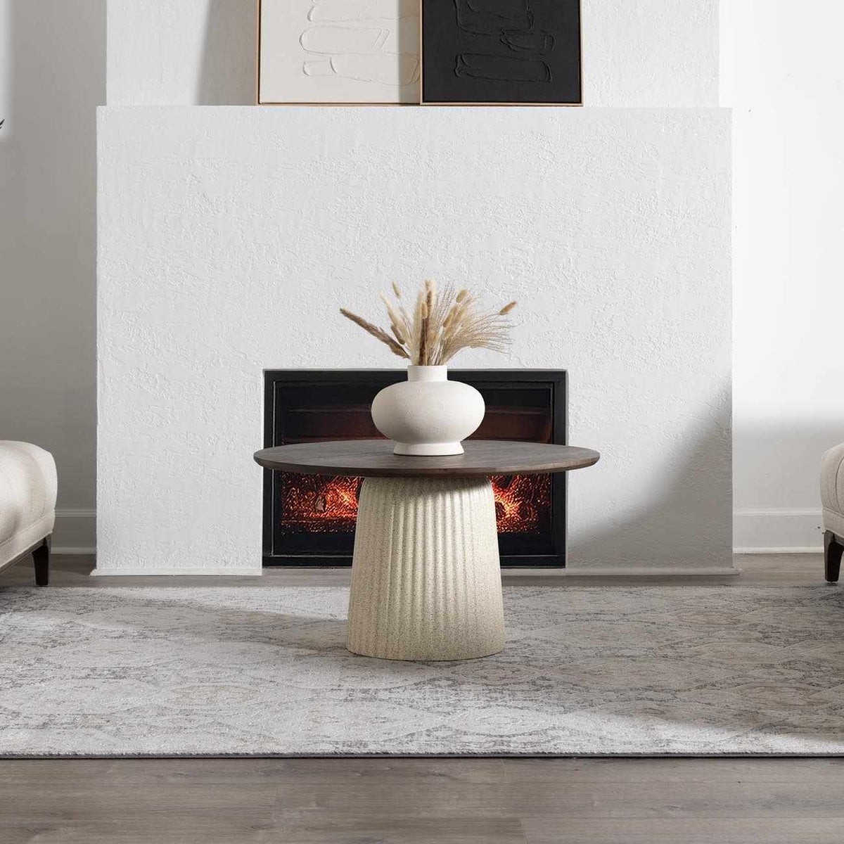 Minoa Area Rug by Boutique Rugs, neutral gray rug under a table in a living room on Tampa Home & Garden Store