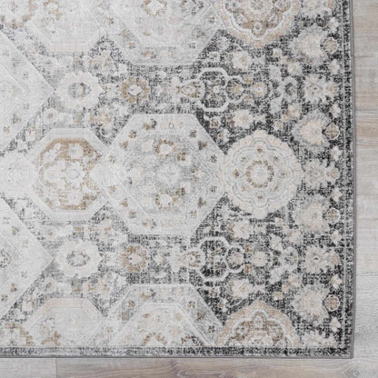 Minoa Area Rug by Boutique Rugs, gray beige distressed medallion pattern on wood floor on Tampa Home & Garden Store