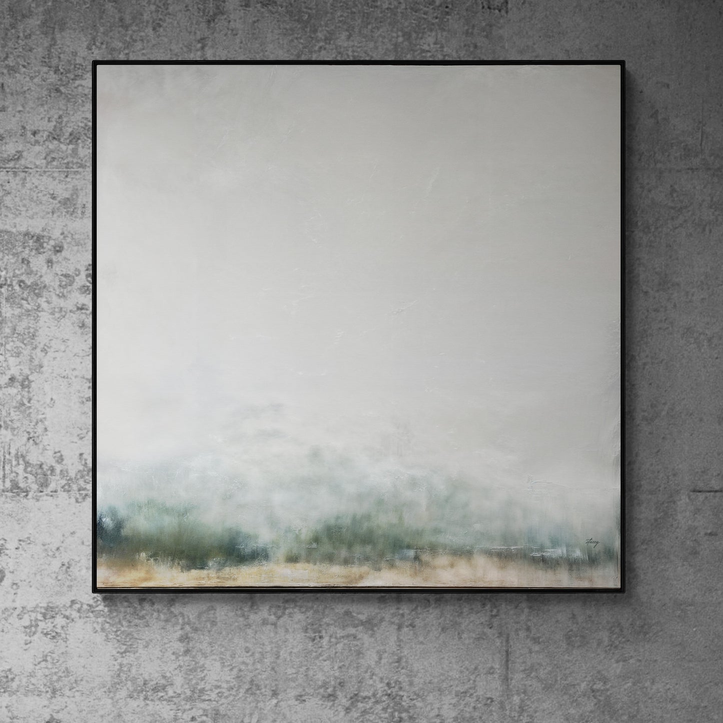 Canvas print Misty Genesis by Tailored Canvases, gray mist landscape, black frame on wall on Tampa Home & Garden Store