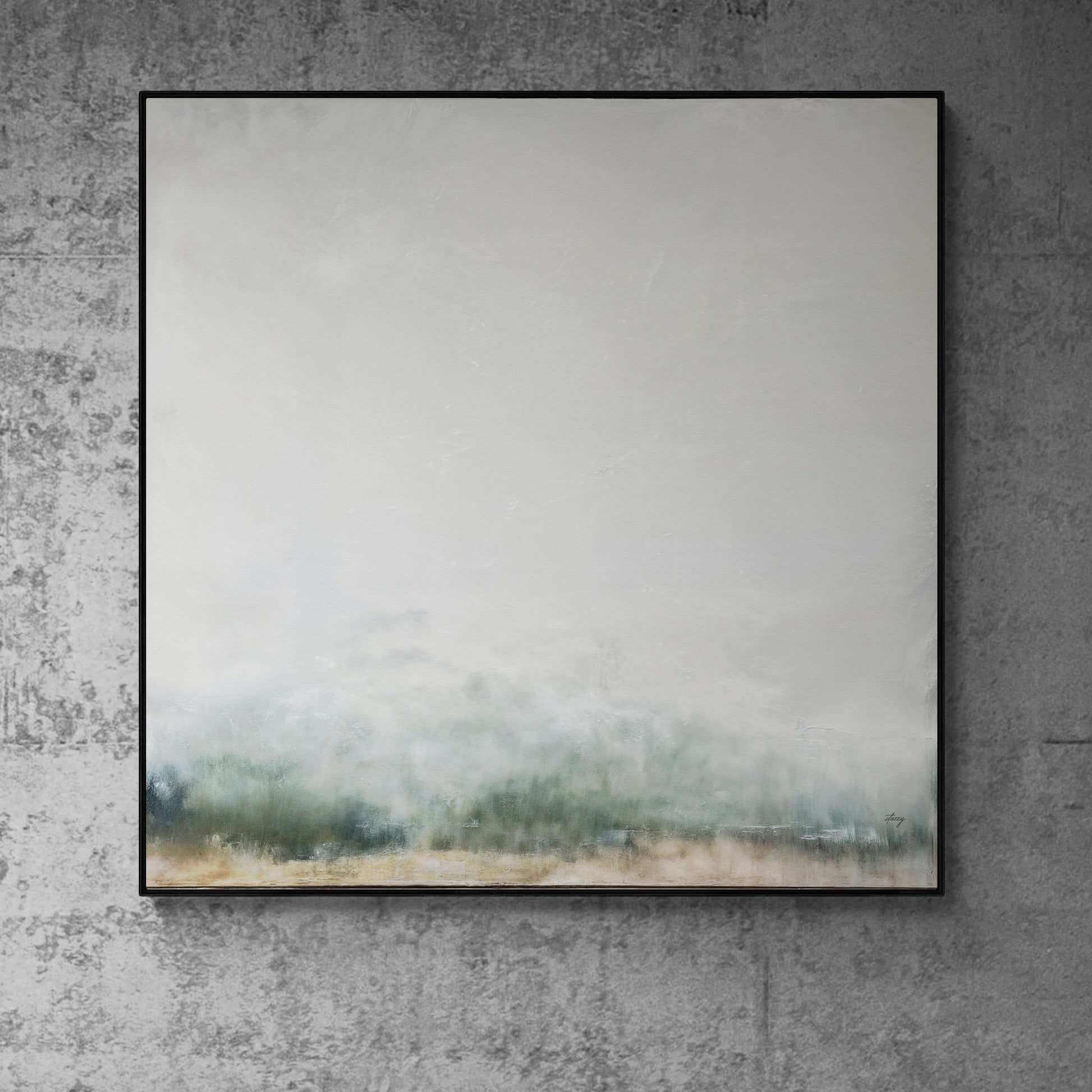 Canvas print Misty Genesis by Tailored Canvases, gray mist landscape, black frame on wall on Tampa Home & Garden Store