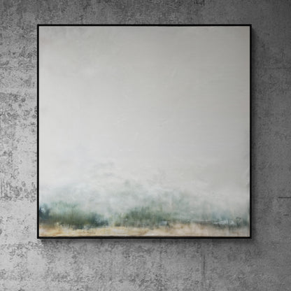 Canvas print Misty Genesis by Tailored Canvases, gray mist landscape, black frame on wall on Tampa Home & Garden Store