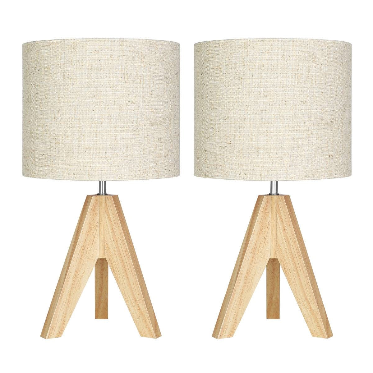 Juego de 2 - Lámpara de mesa trípode de madera maciza con pantalla de lino beige