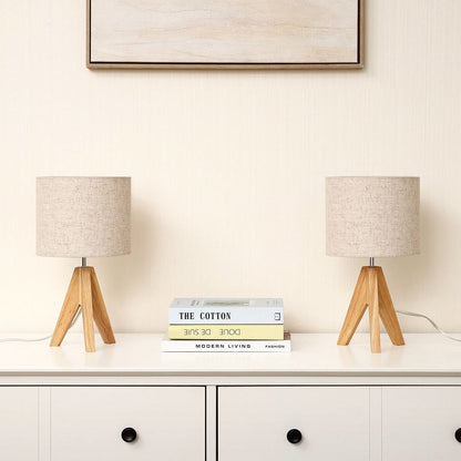 Juego de 2 - Lámpara de mesa trípode de madera maciza con pantalla de lino beige
