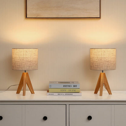 Juego de 2 - Lámpara de mesa trípode de madera maciza con pantalla de lino beige
