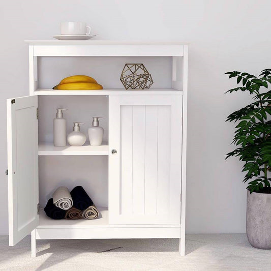 Armario de lino para baño de 2 puertas con estante de almacenamiento en acabado de madera blanca