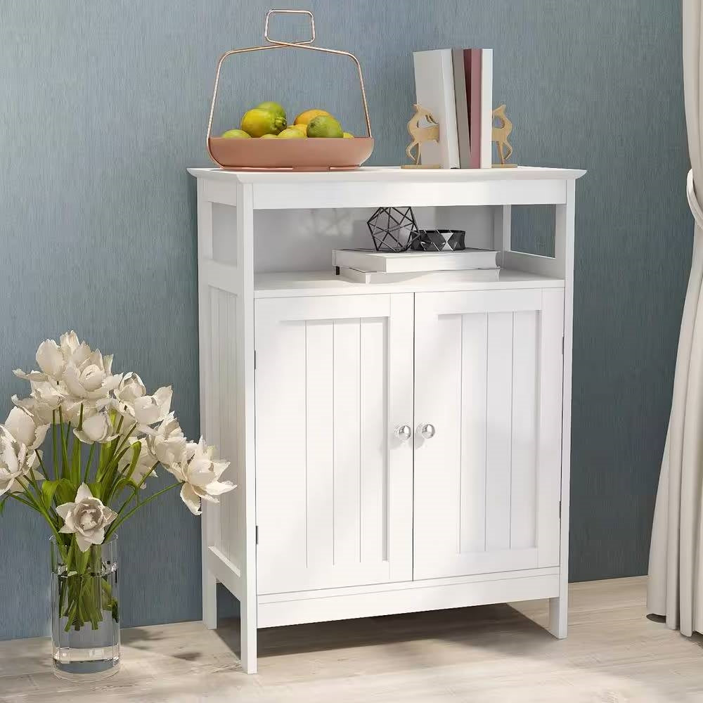 Armario de lino para baño de 2 puertas con estante de almacenamiento en acabado de madera blanca