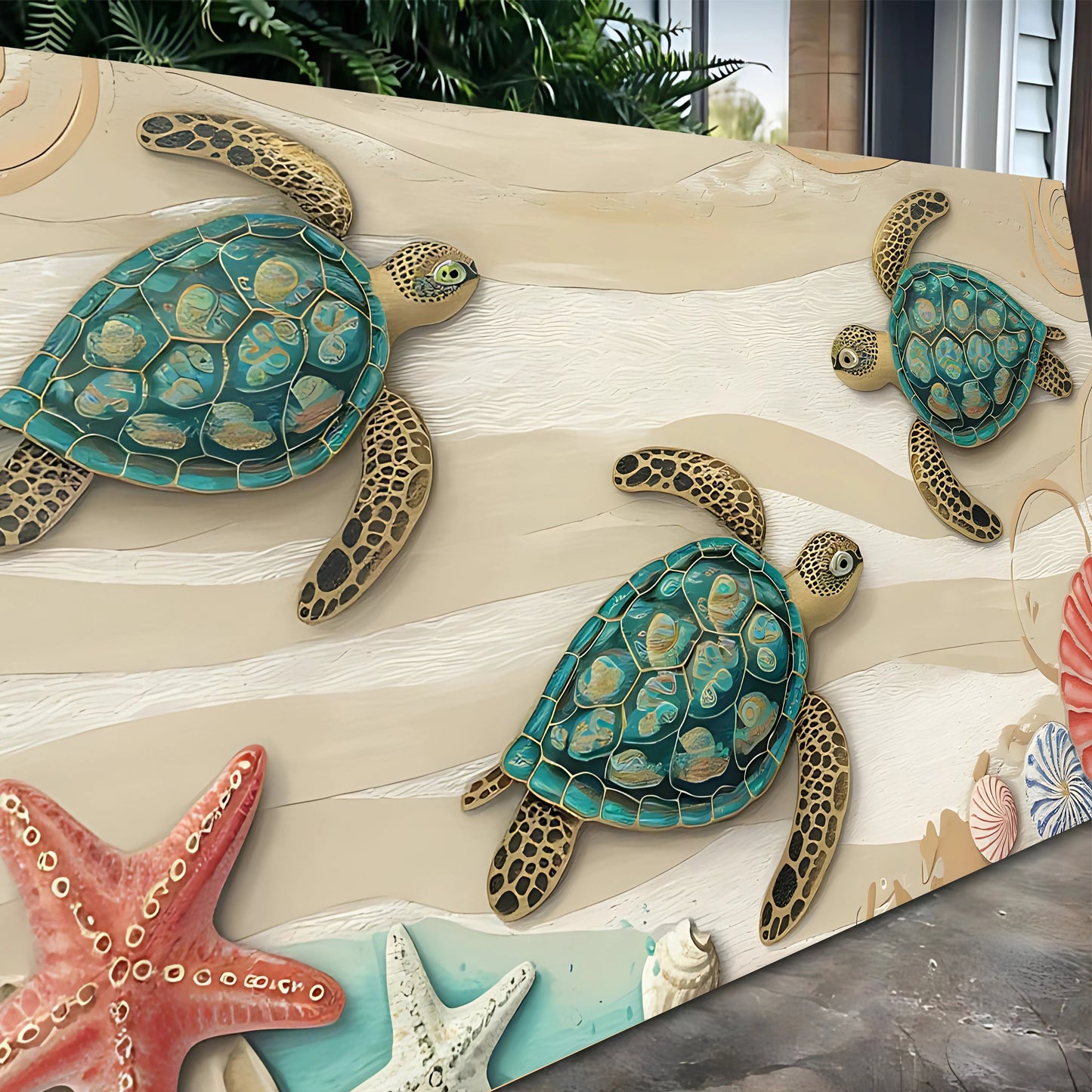 3D Coastal Wall Art VII canvas turquoise mosaic sea turtles on beige wood backdrop on Tampa Home & Garden Store