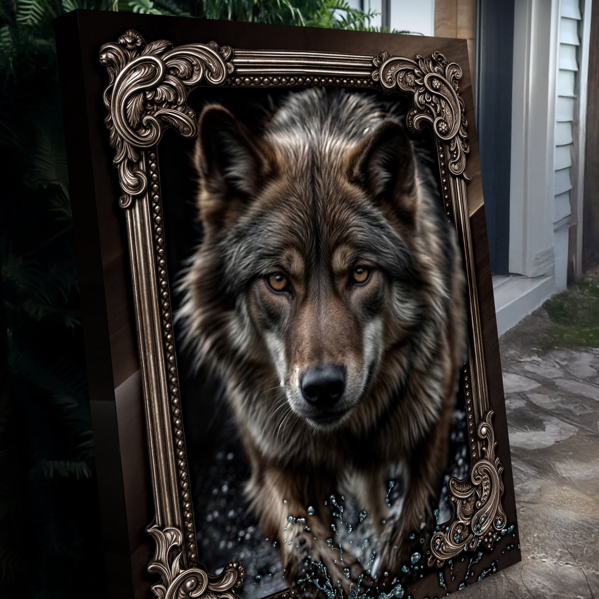 3D Wolf Wall Art II canvas by Tailored Canvases with ornate bronze frame on Tampa Home & Garden Store