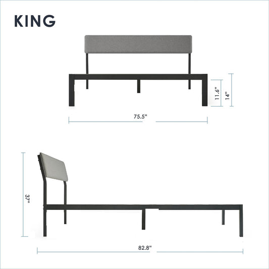 King Size Grey Soft Fabric Metal Headboard Platform Bed Wooden Slats - Tampa Home & Garden Store