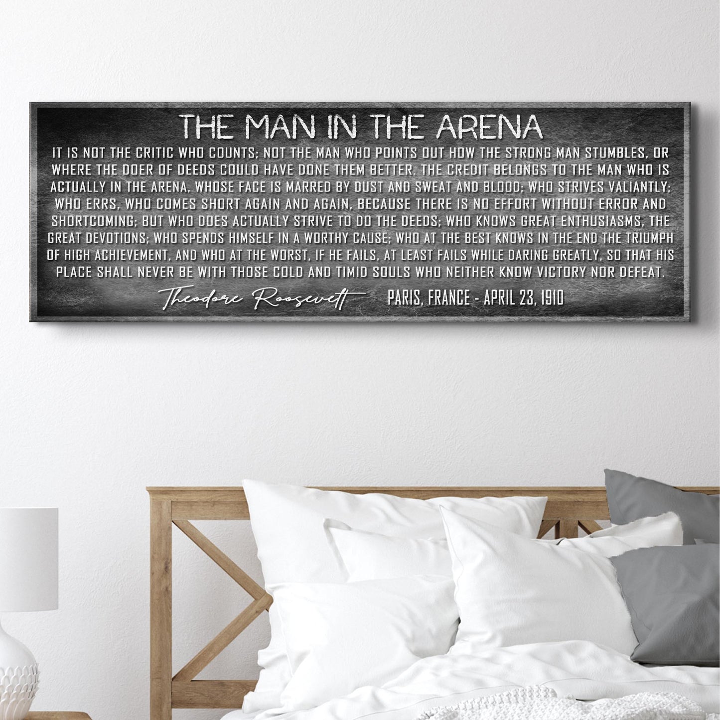 The Man In The Arena Sign VII by Tailored Canvases with white chalk text on dark background on Tampa Home & Garden Store
