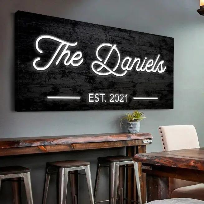 Wooden Family Name Sign canvas by Tailored Canvases, distressed board The Daniels EST 2021 on Tampa Home & Garden Store