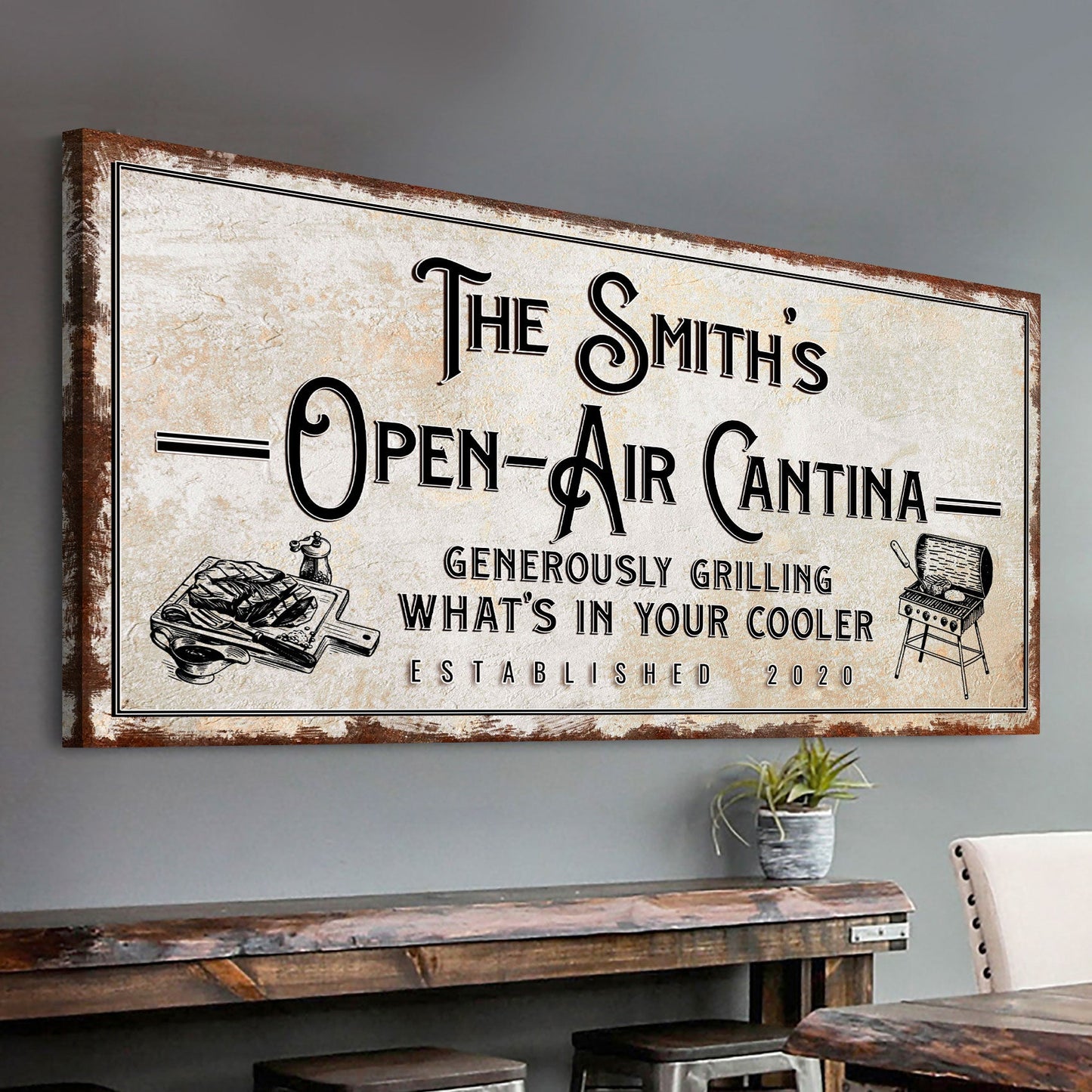 Family Open Air Cantina canvas sign by Tailored Canvases with a weathered beige finish on Tampa Home & Garden Store