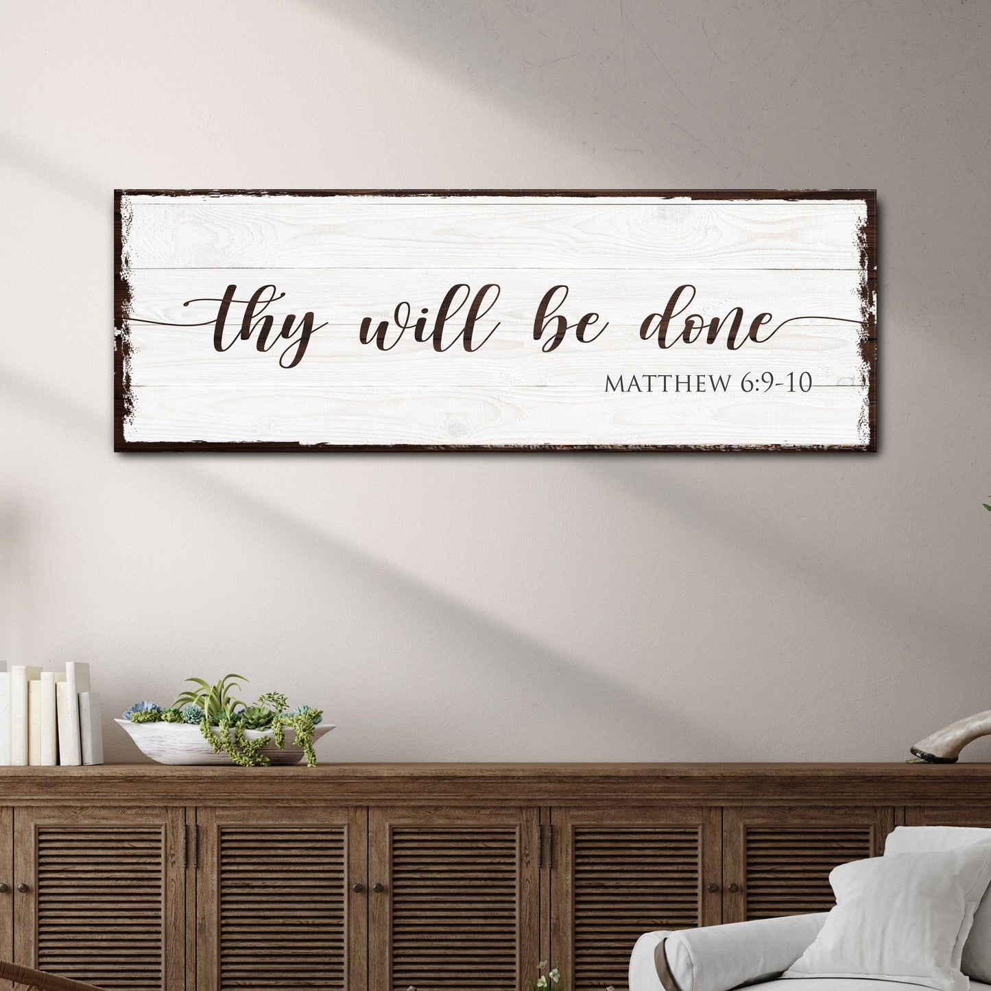 Canvas sign Thy Will Be Done Faith Sign II on whitewashed wood with brown frame on Tampa Home & Garden Store