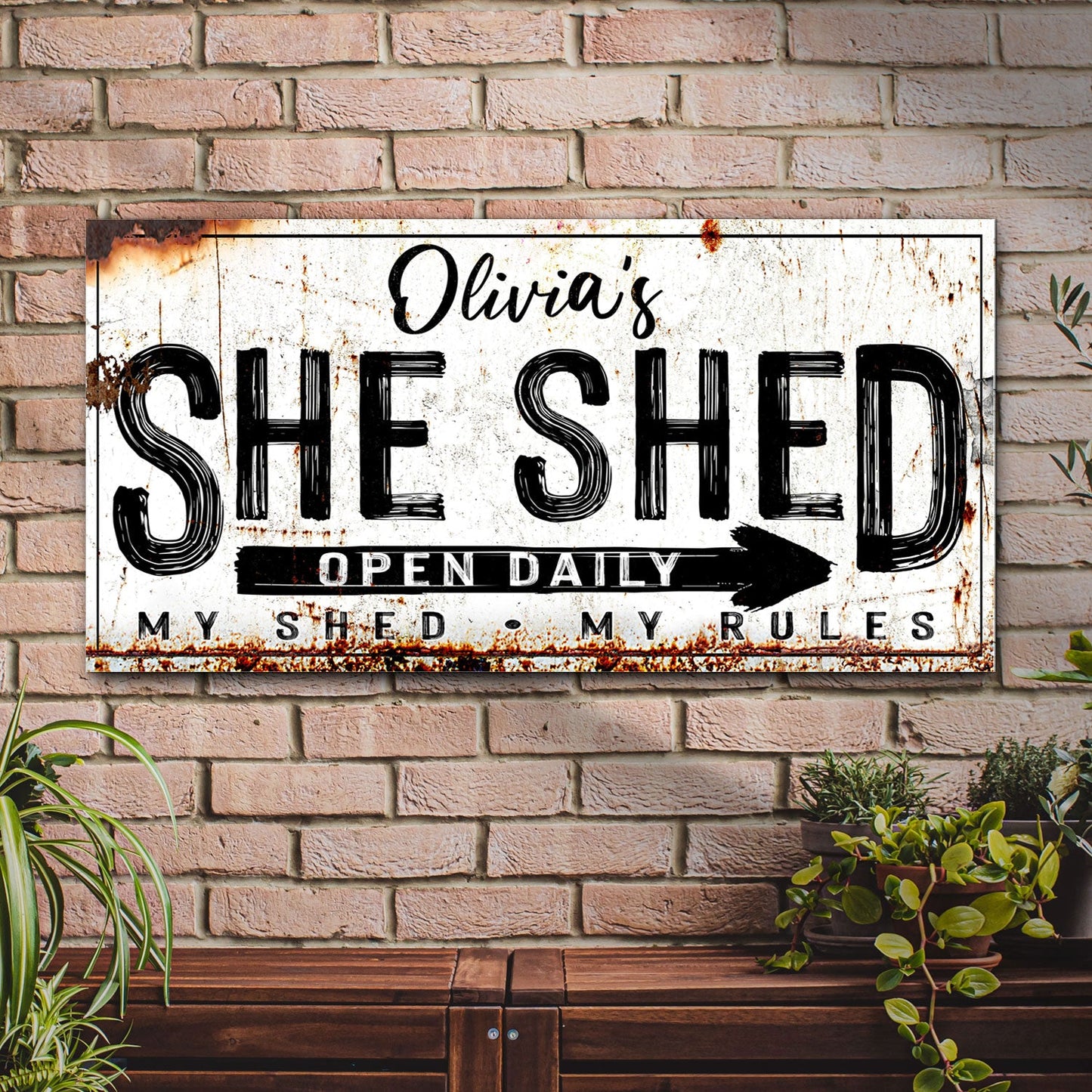 Personalized She Shed Sign canvas by Tailored Canvases with rustic background Olivia's SHE SHED on Tampa Home & Garden Store