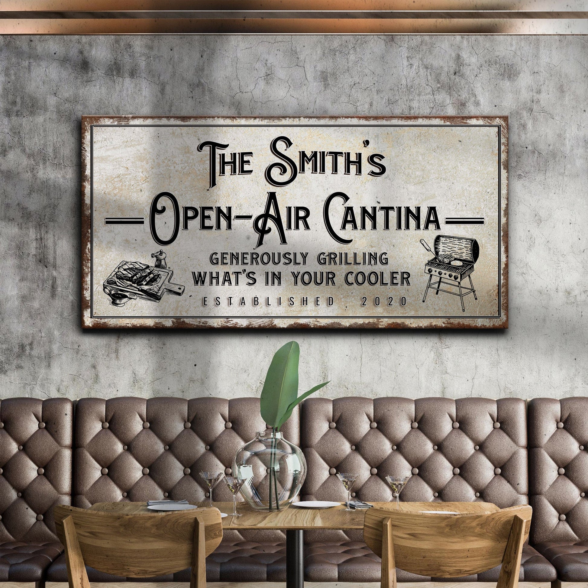 Family Open Air Cantina Sign canvas wall art with vintage typography and rustic frame on Tampa Home & Garden Store