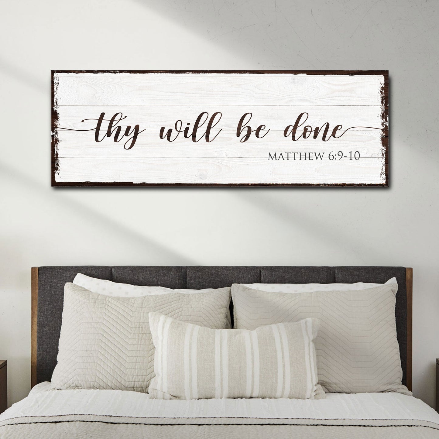 Thy Will Be Done Faith Sign II canvas with whitewashed panel and brown script Tailored Canvases on Tampa Home & Garden Store