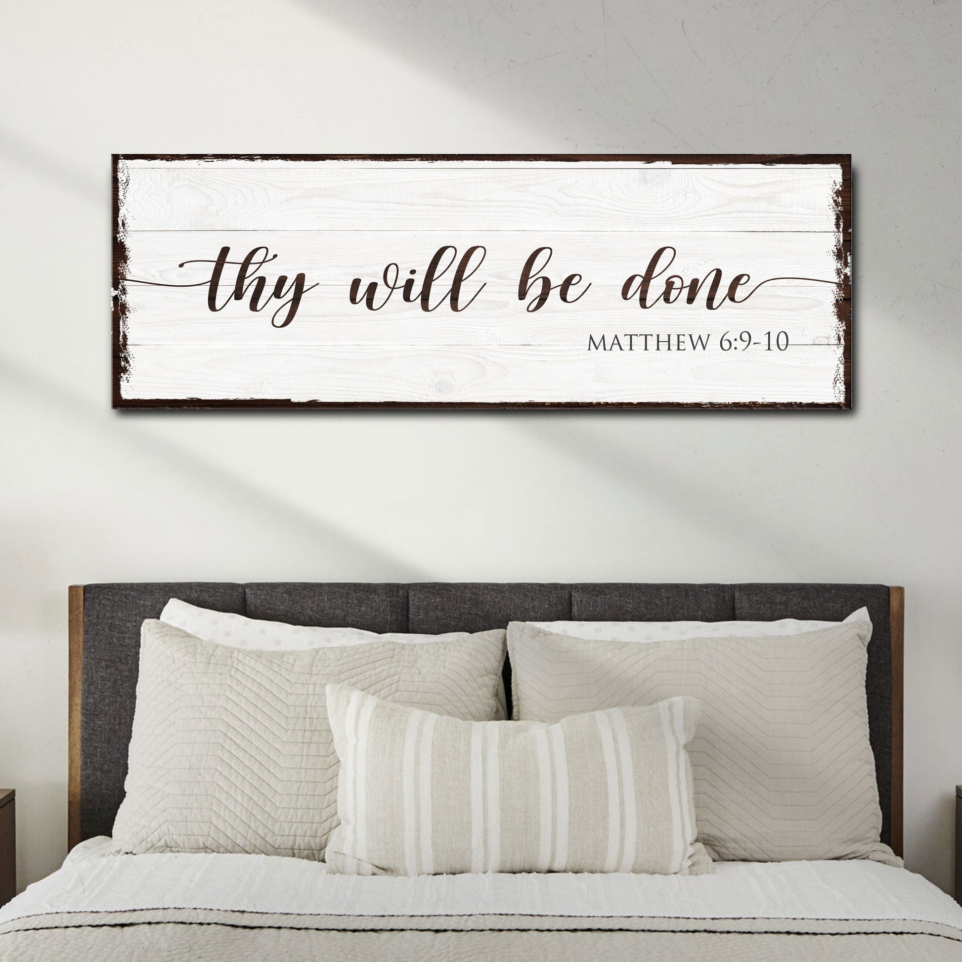 Thy Will Be Done Faith Sign II canvas with whitewashed panel and brown script Tailored Canvases on Tampa Home & Garden Store
