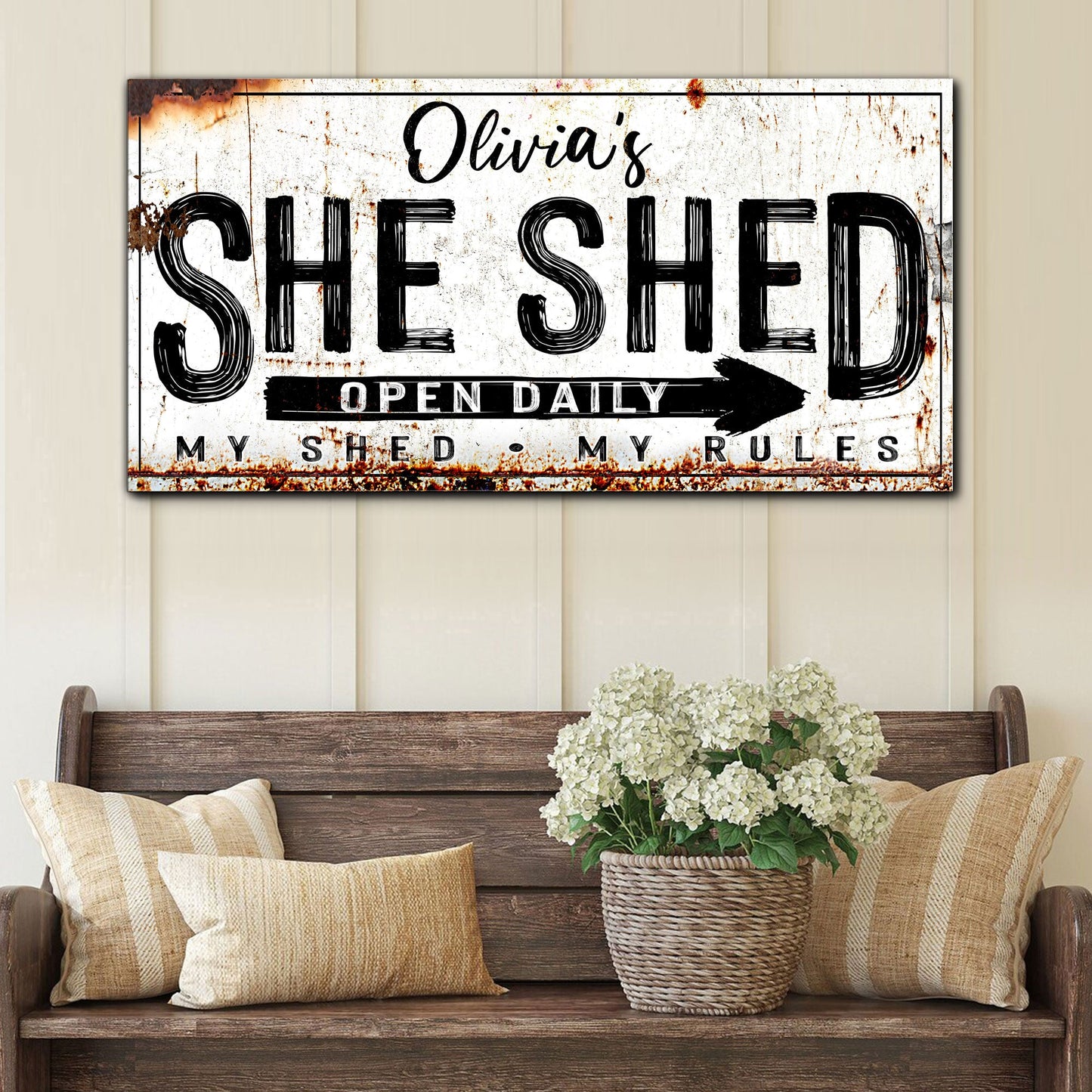 Personalized She Shed Sign XII canvas with distressed white background and bold SHED text on Tampa Home & Garden Store