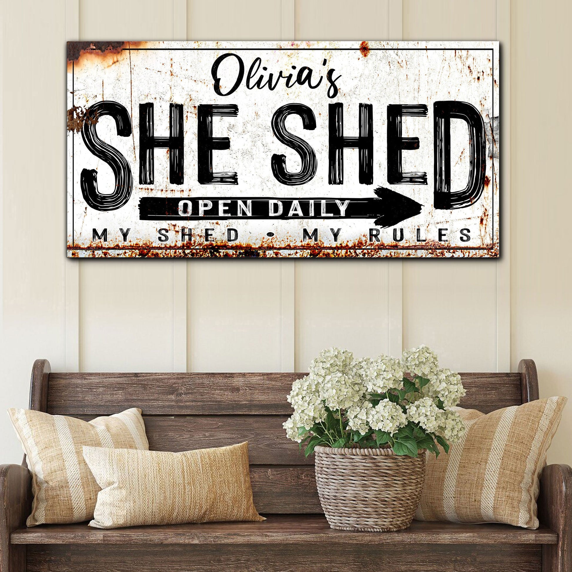 Personalized She Shed Sign XII canvas with distressed white background and bold SHED text on Tampa Home & Garden Store