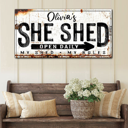 Personalized She Shed Sign XII canvas with distressed white background and bold SHED text on Tampa Home & Garden Store