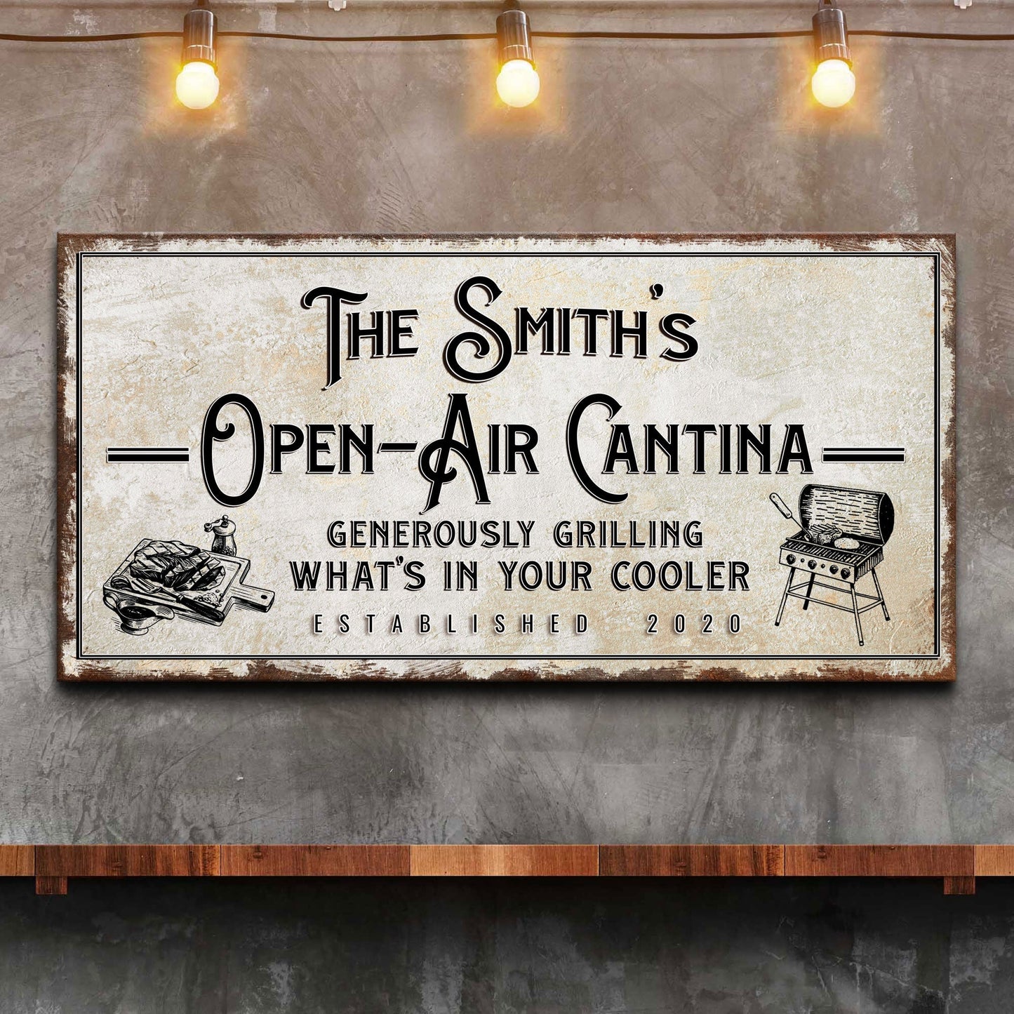 Family Open Air Cantina canvas sign; distressed white panel with border on Tampa Home & Garden Store