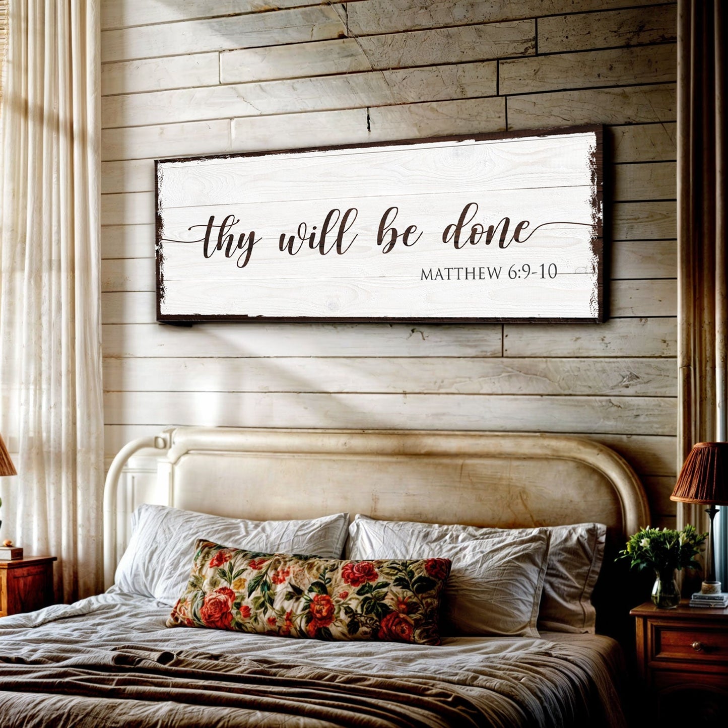 Thy Will Be Done Faith Sign II canvas wall art on distressed white wood with dark frame on Tampa Home & Garden Store