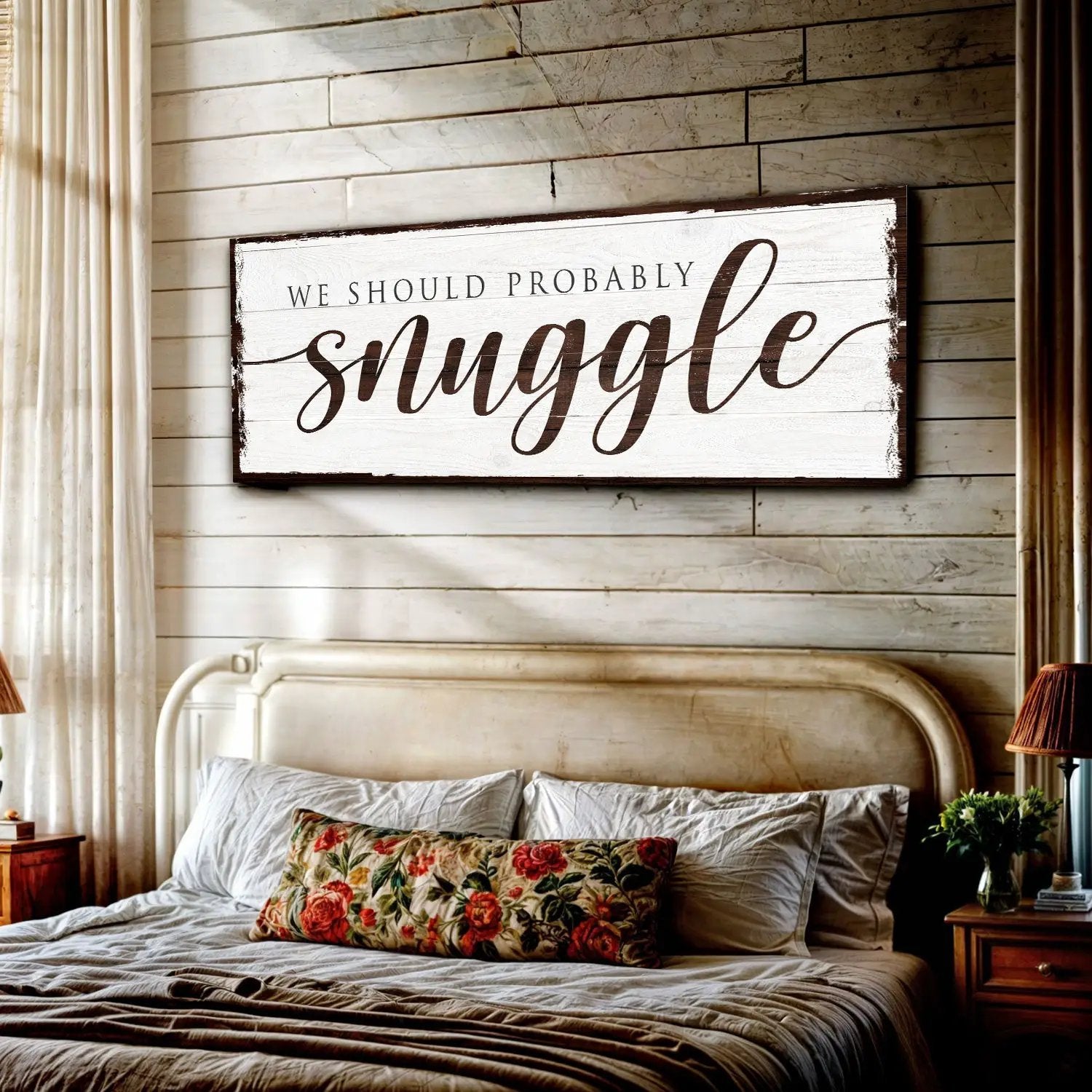 We Should Probably Snuggle canvas sign by Tailored Canvases, white wood plaque above a bed on Tampa Home & Garden Store