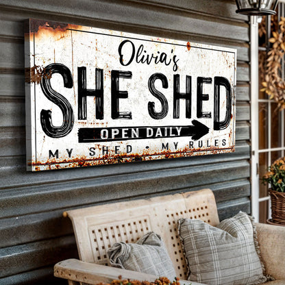 Personalized She Shed Sign XII canvas by Tailored Canvases SHE SHED sign on porch on Tampa Home & Garden Store