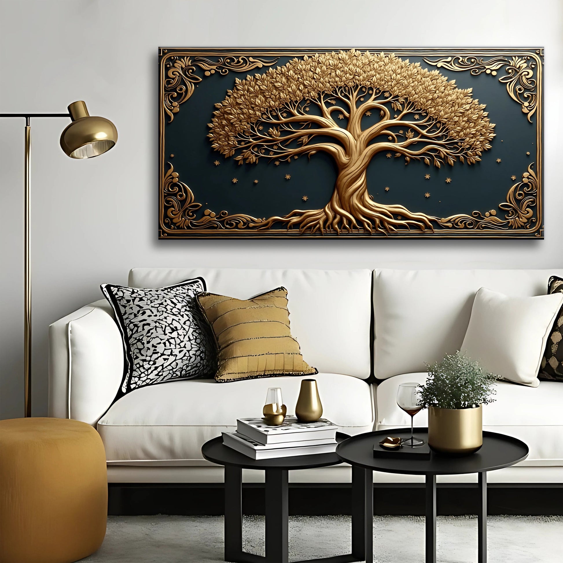 3D Celtic Tree Of Life Wall Art II canvas; gold tree relief on teal background on Tampa Home & Garden Store