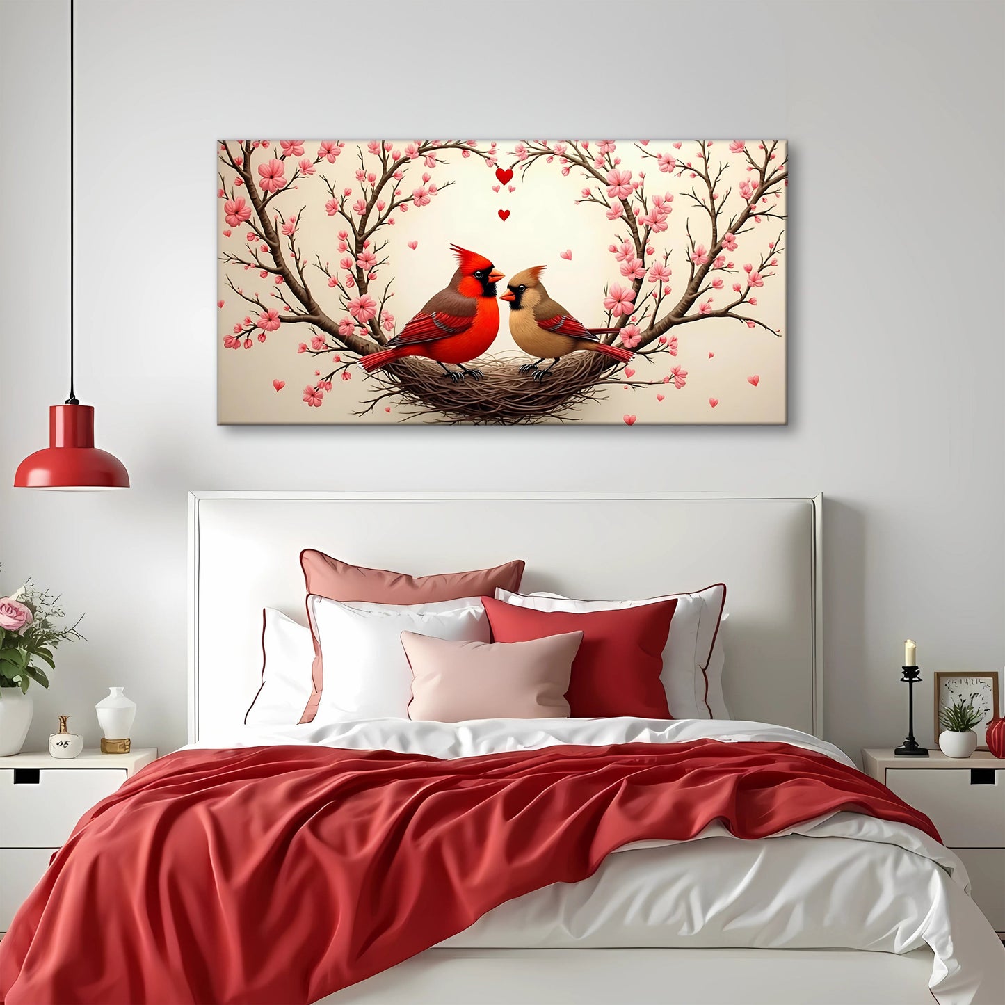 3D Cardinals Wall Art II canvas by Tailored Canvases, red cardinals in nest among pink blossoms on Tampa Home & Garden Store