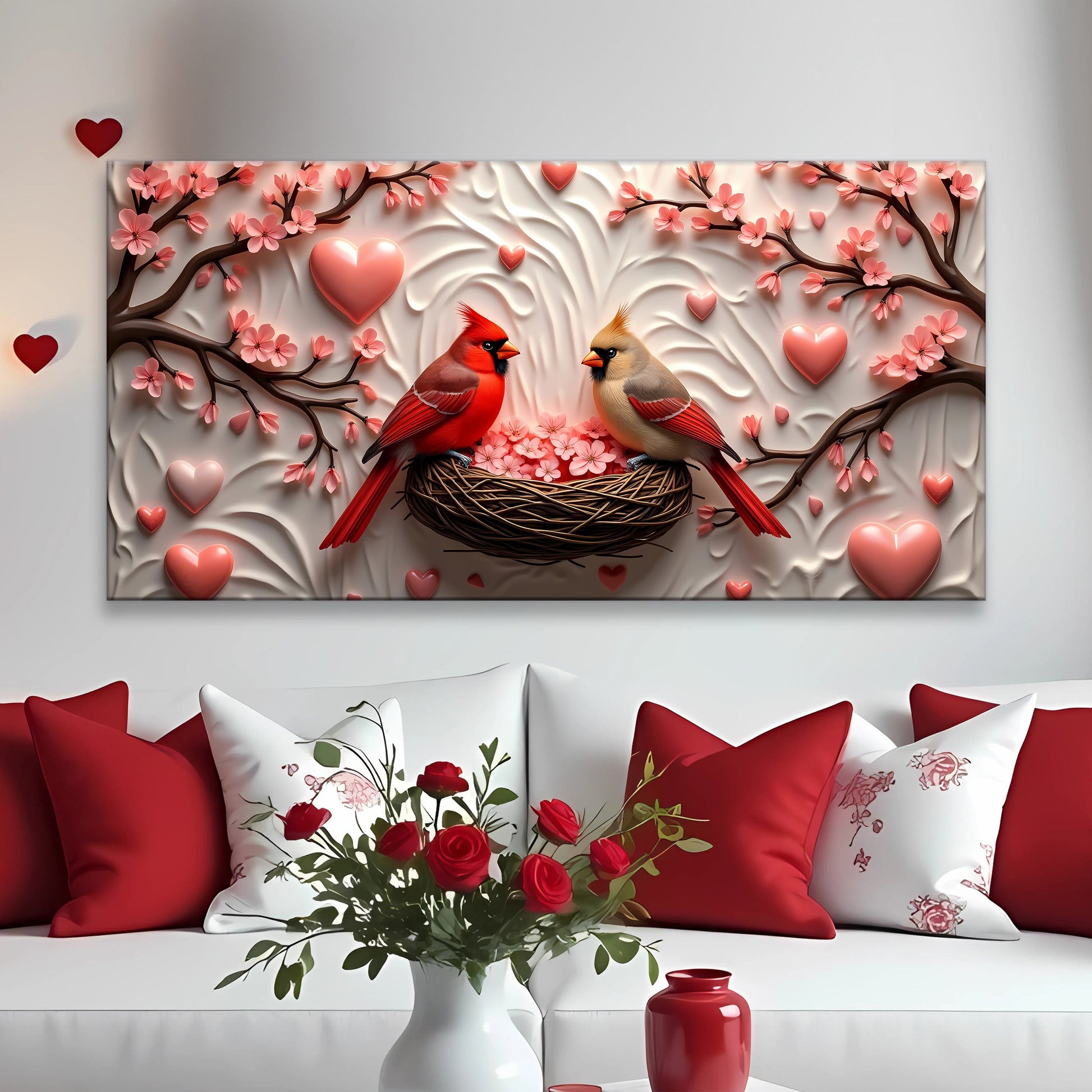 3D Cardinals Wall Art IV canvas with pink blossoms and a nest, featuring two cardinals on Tampa Home & Garden Store